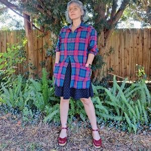 EUC Vintage 70's Red, Blue, Green Plaid Oversized Button-up Top | Lizwear Petite